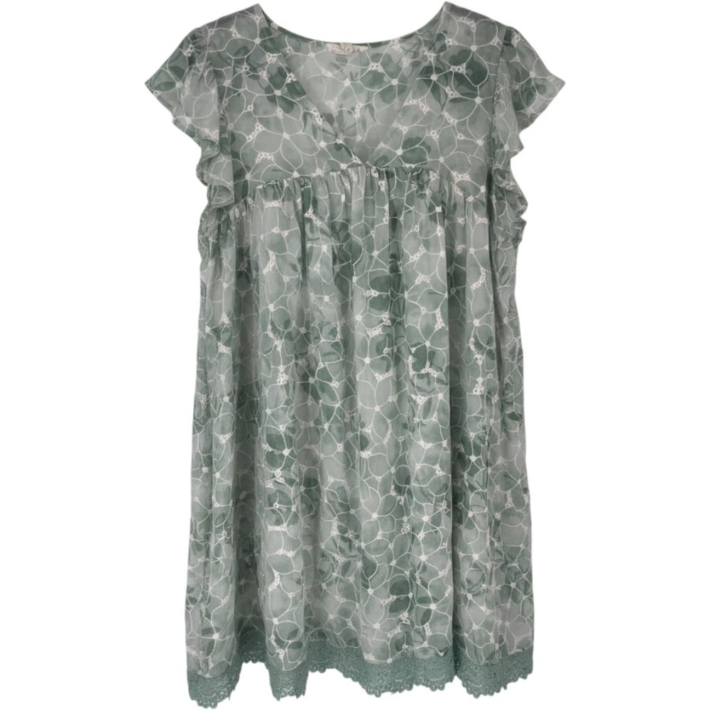 By the River Babydoll Dress Women L Green Lace Floral Flutter Sleeve